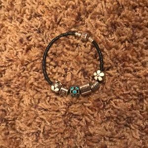 Black Leather Pandora Bracelet with Beads